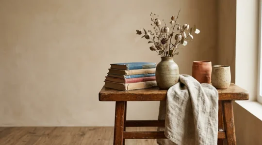Intérieur chaleureux et personnel mêlant objets artisanaux, textures naturelles et souvenirs de voyage dans une composition harmonieuse