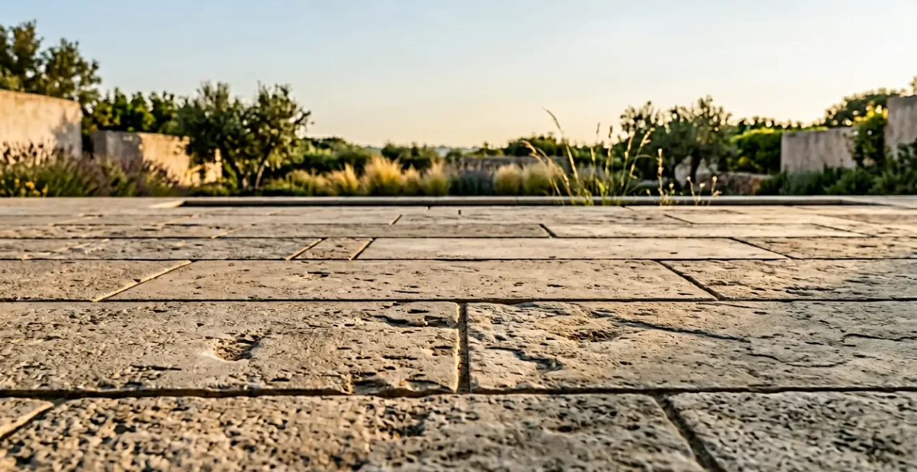 Gros plan sur des dalles de pierre naturelle aux teintes chaudes disposées en terrasse extérieure avec des nuances de beige et de gris révélant la profondeur du matériau naturel