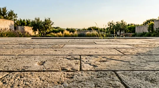 Gros plan sur des dalles de pierre naturelle aux teintes chaudes disposées en terrasse extérieure avec des nuances de beige et de gris révélant la profondeur du matériau naturel