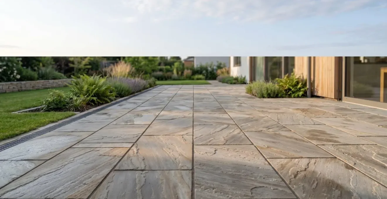 Vue en perspective d'une terrasse en pierre naturelle fraîchement posée montrant l'alignement parfait des dalles et la légère pente d'évacuation