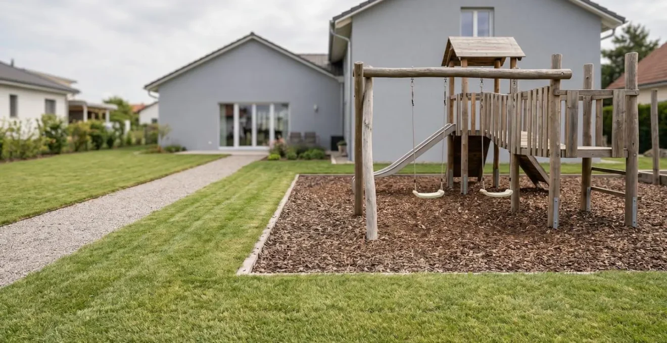Vue d'ensemble d'un jardin familial montrant le positionnement stratégique d'une aire de jeux par rapport à la maison