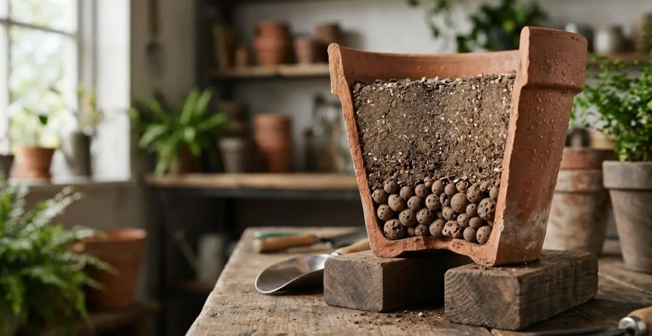 Vue en coupe d'un pot en terre cuite montrant le système de drainage avec billes d'argile et surélévation pour éviter l'éclatement au gel