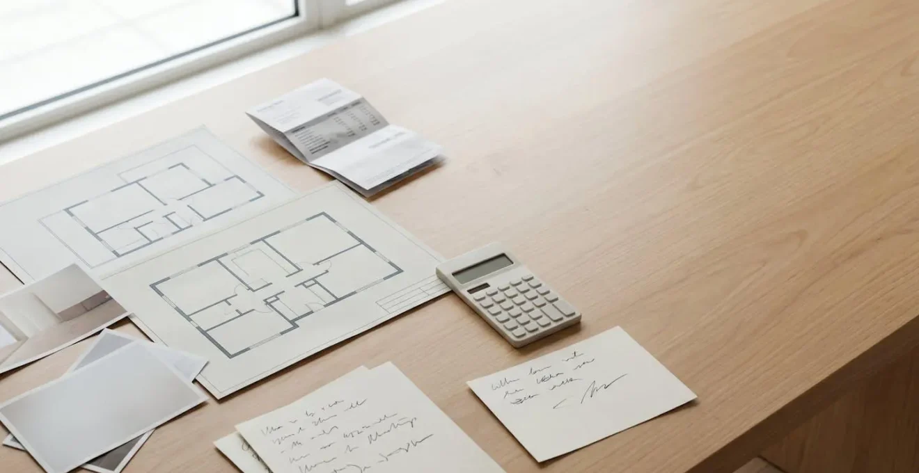 Vue aérienne d'une table de travail avec documents de projet de rénovation, calculatrice et notes manuscrites organisées méthodiquement