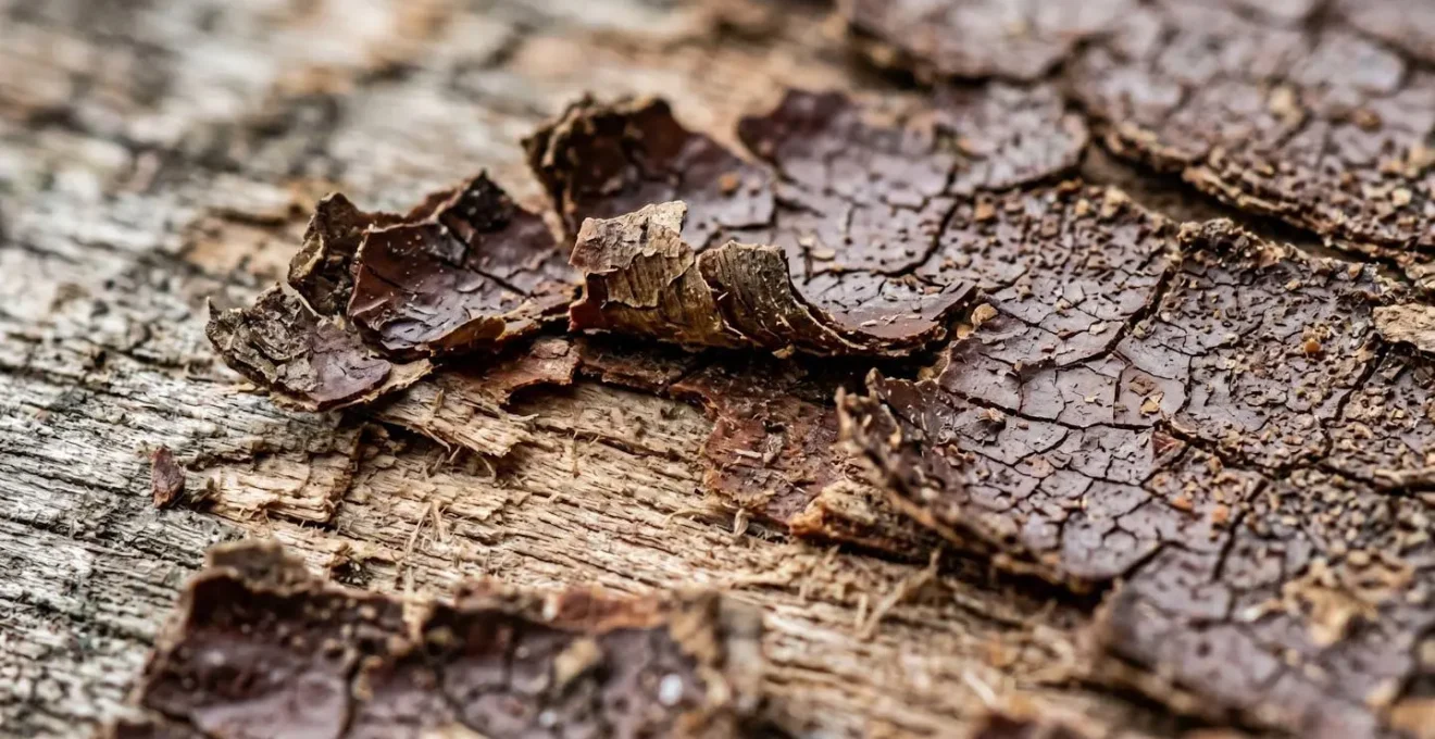 Gros plan sur surface de bois extérieur montrant écaillage et fissuration de finition filmogène