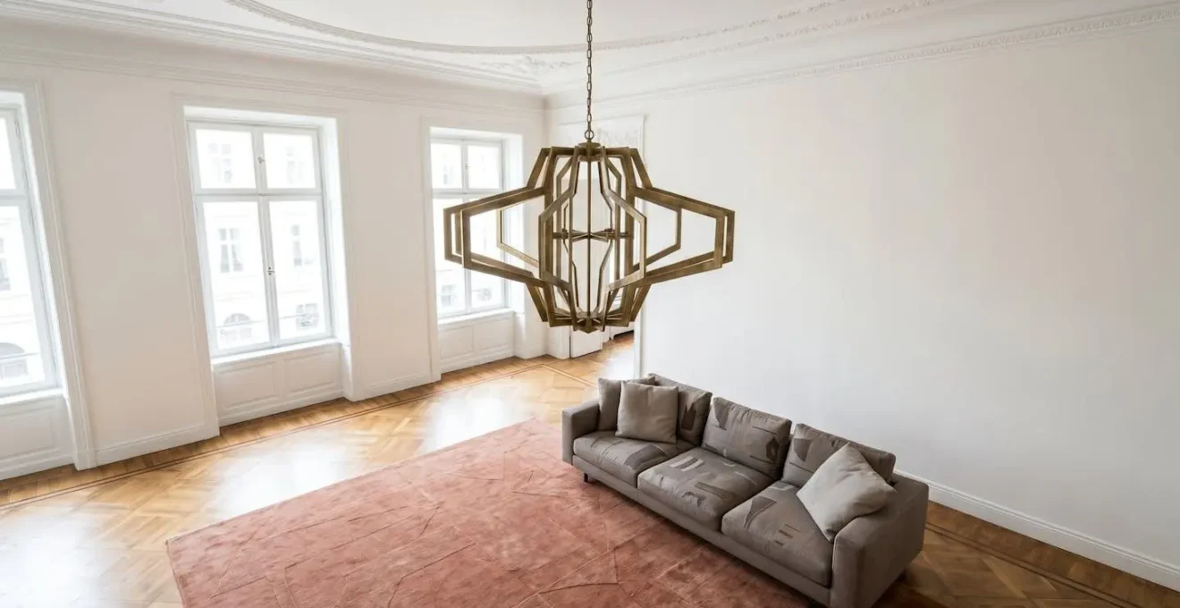 Grand tapis et suspension surdimensionnée dans salon aux hauts plafonds