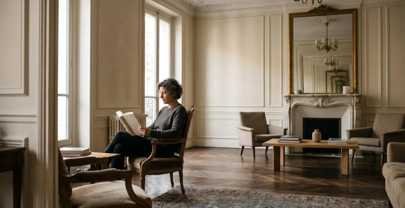 Vue d'ensemble d'un grand salon de maison de maître avec espaces fonctionnels distincts et proportions harmonieuses