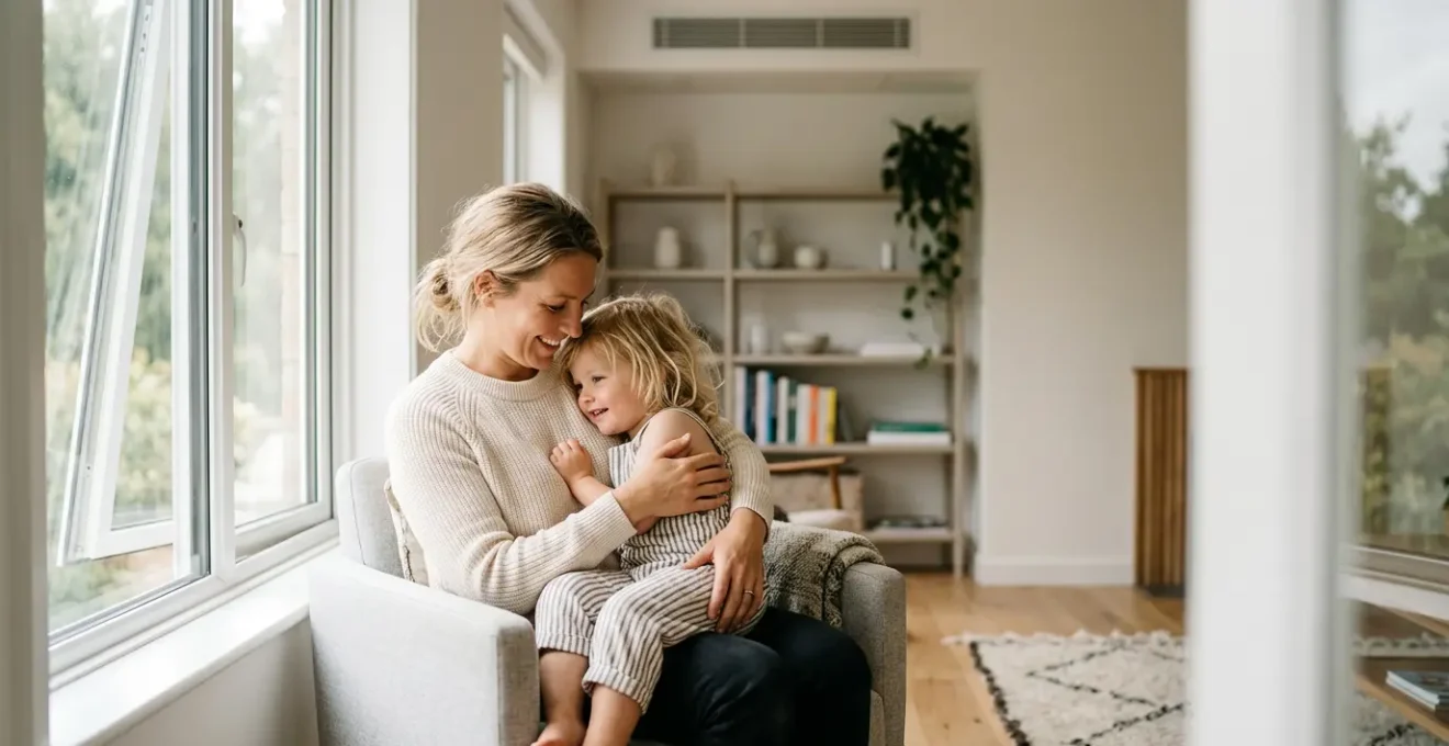Intérieur de maison rénovée avec enfants et ventilation naturelle, symbolisant la protection contre les polluants intérieurs