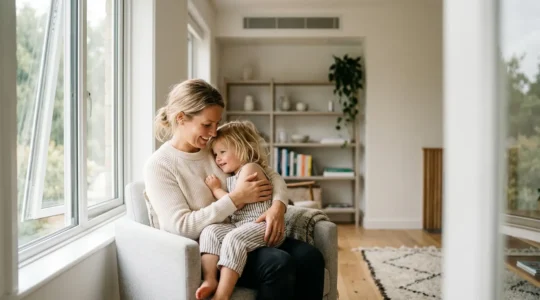 Intérieur de maison rénovée avec enfants et ventilation naturelle, symbolisant la protection contre les polluants intérieurs
