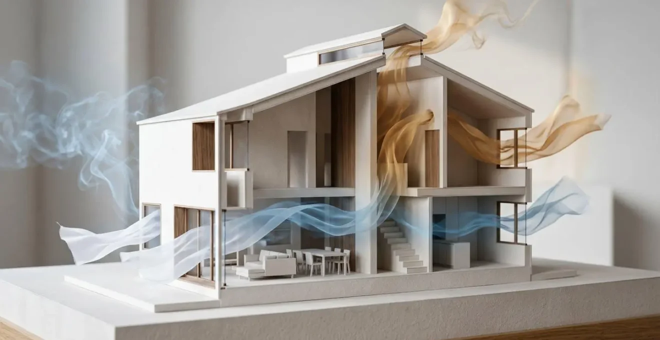 Représentation visuelle des flux d'air dans une maison avec ventilation naturelle traversante