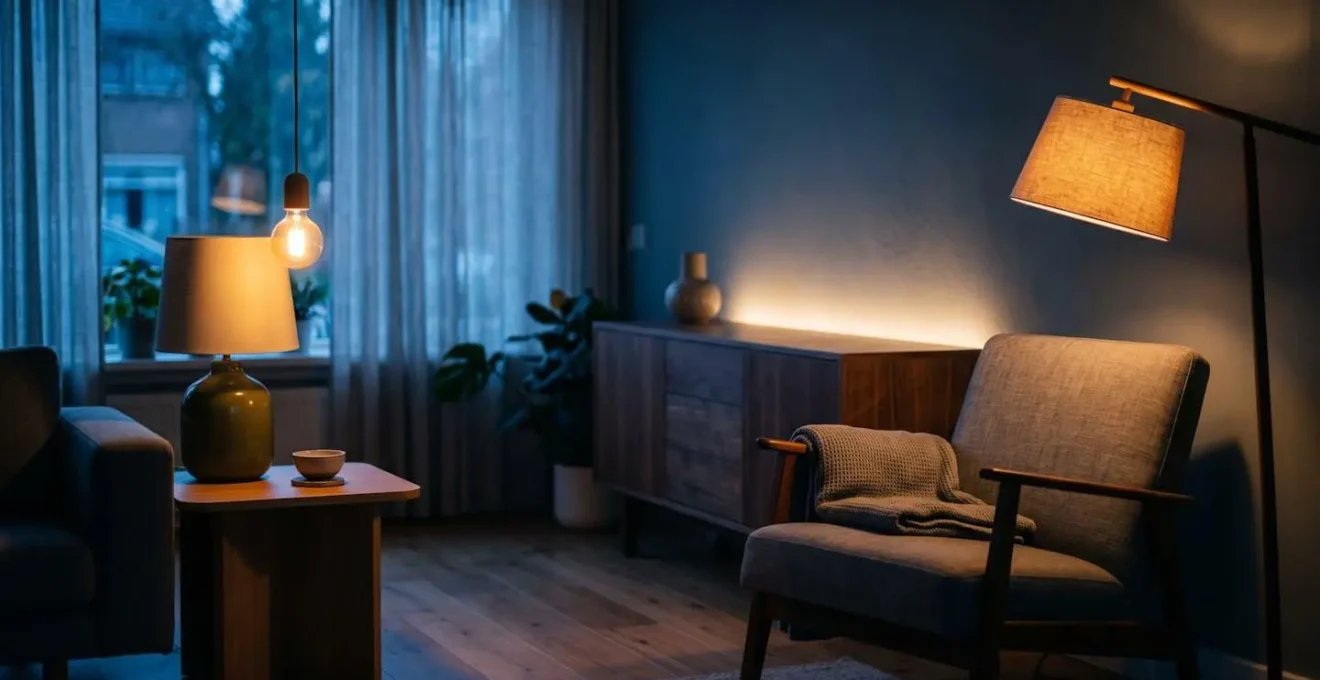 Mise en scène d'un éclairage stratifié créant des îlots de lumière dans un salon contemporain