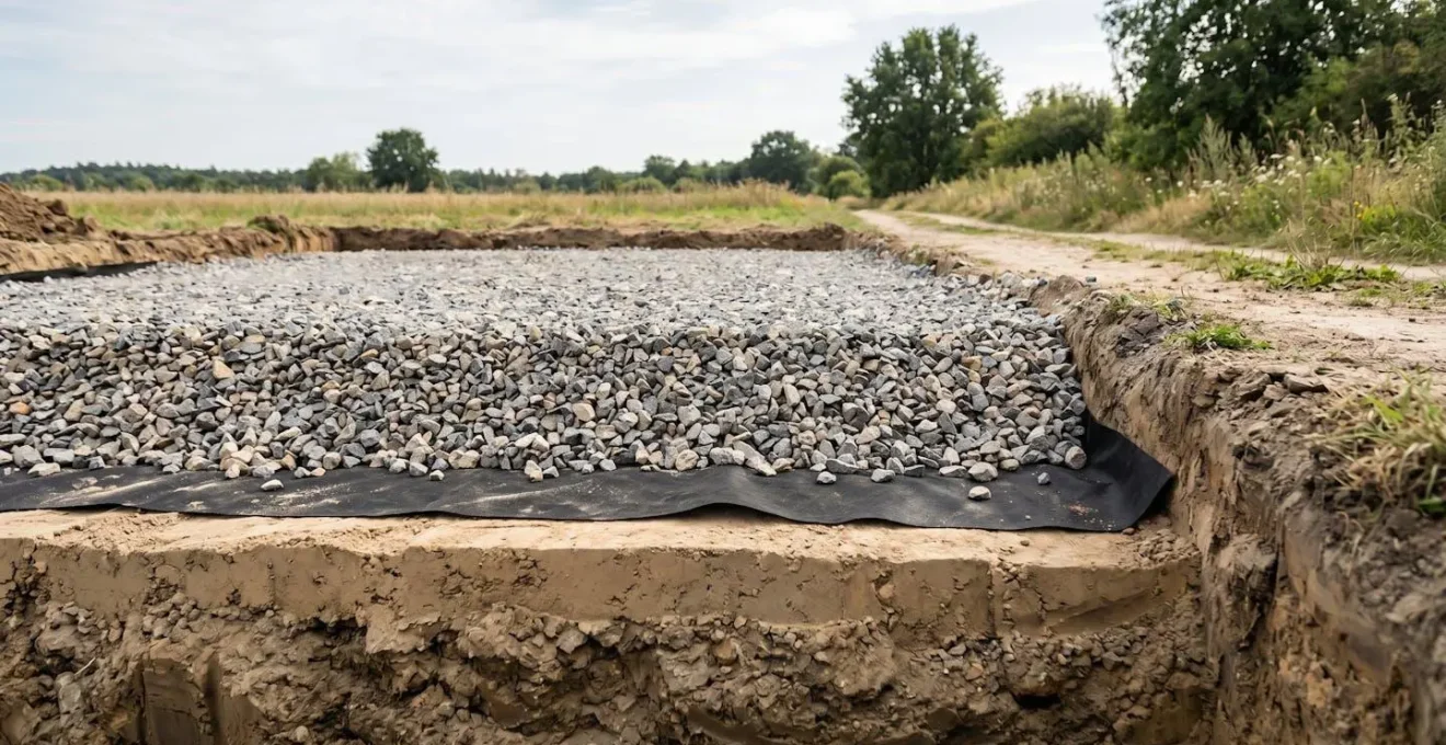 Vue en coupe d'un hérisson drainant montrant les différentes couches de fondation avec géotextile