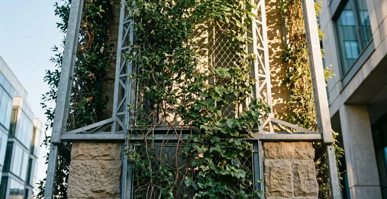Vue de côté montrant l'espace d'air entre un mur et une structure végétale déportée créant un effet de tirage thermique