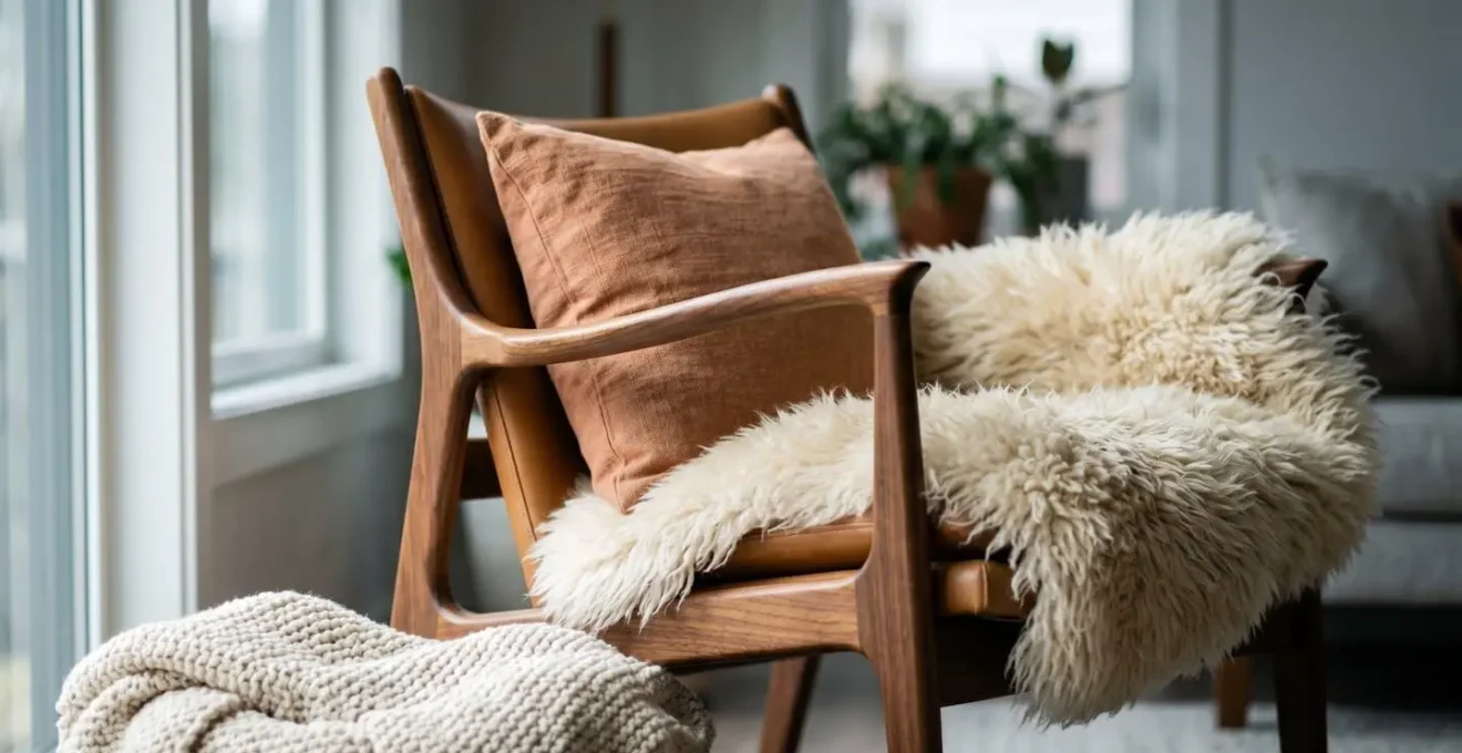 Plan moyen d'une composition de textiles superposés sur mobilier design épuré