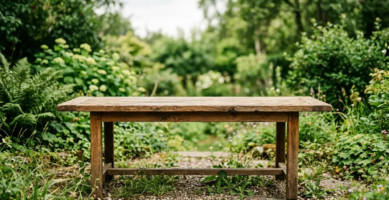 Table en bois exotique sur terrasse extérieure avec grain naturel visible