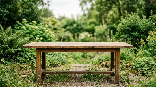 Table en bois exotique sur terrasse extérieure avec grain naturel visible