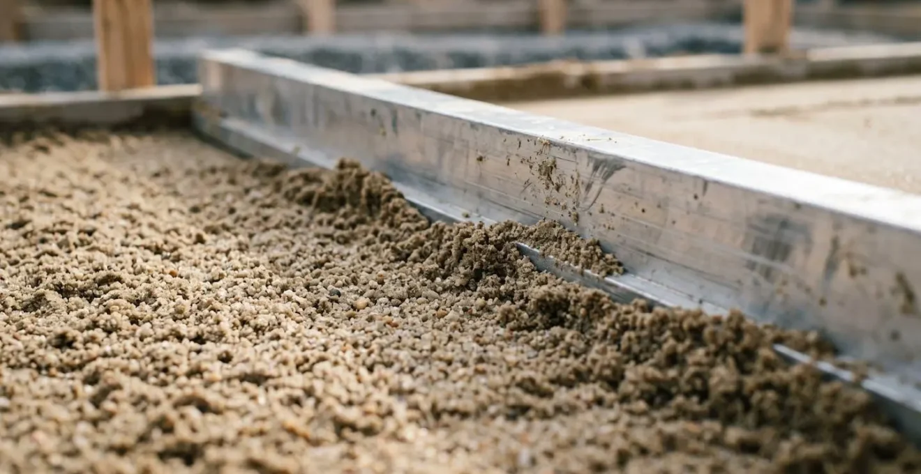Gros plan sur la technique de nivellement du lit de sable avec règle de maçon pour pose de pavés