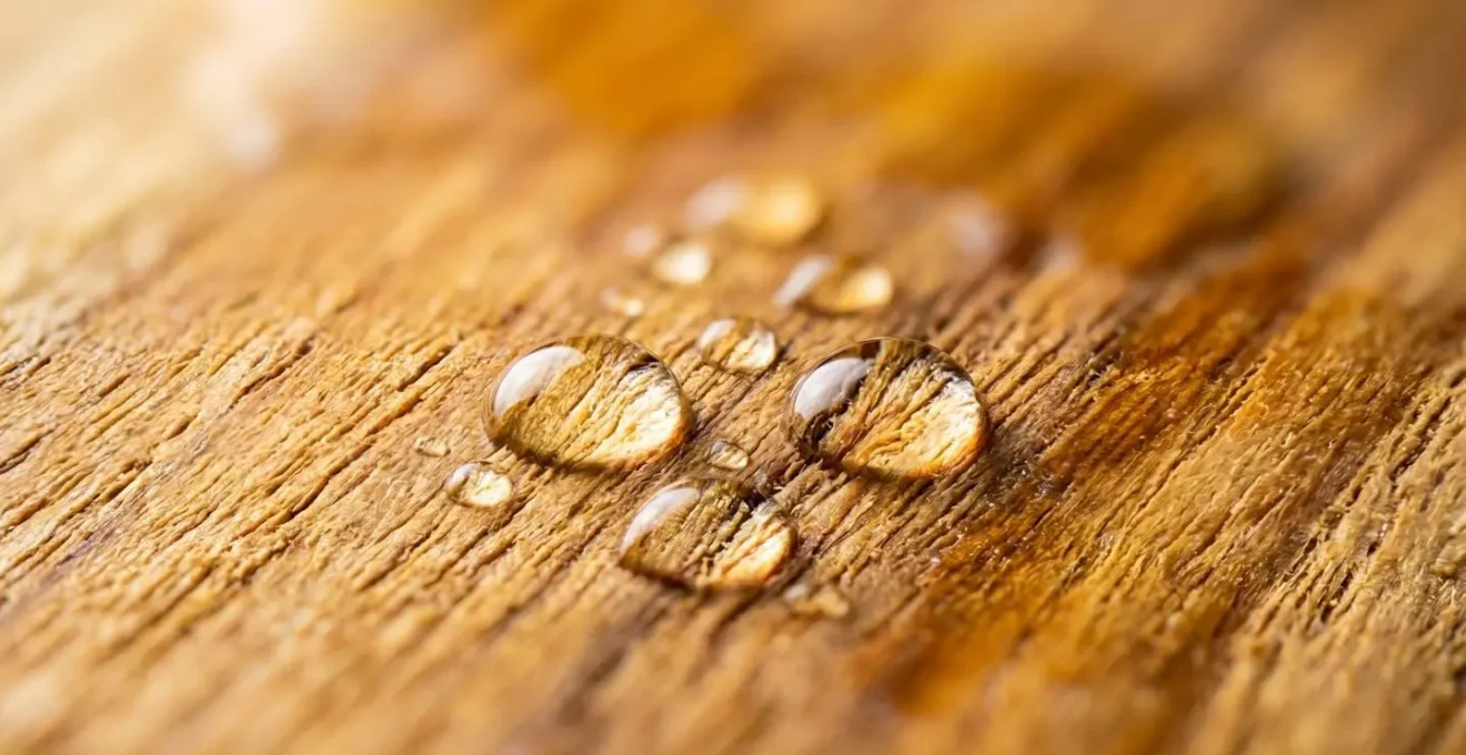 Gros plan macro sur la texture naturelle du bois de teck avec des gouttes d'eau illustrant sa résistance à l'humidité