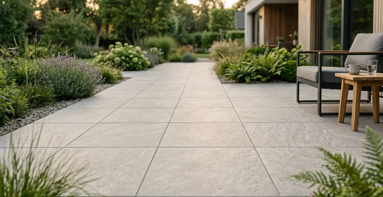 Terrasse extérieure avec dalles posées de manière professionnelle dans un jardin contemporain