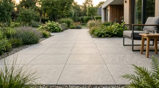 Terrasse extérieure avec dalles posées de manière professionnelle dans un jardin contemporain