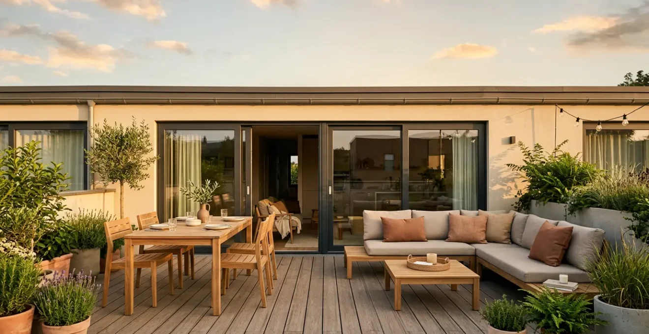 Terrasse moderne de 20 mètres carrés aménagée en espace de vie extérieur avec mobilier et végétation