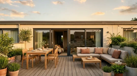 Terrasse moderne de 20 mètres carrés aménagée en espace de vie extérieur avec mobilier et végétation