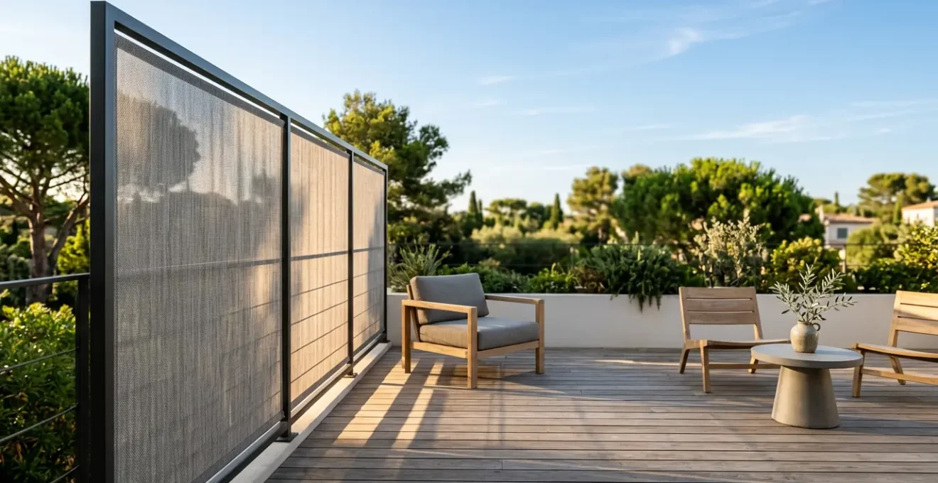 Terrasse contemporaine avec brise-vue design préservant luminosité et intimité