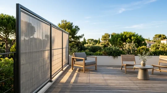 Terrasse contemporaine avec brise-vue design préservant luminosité et intimité