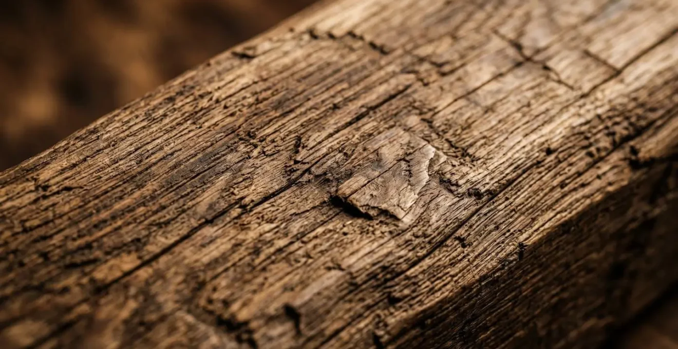 Détail macro d'une poutre en bois ancien révélant la patine et les marques du temps