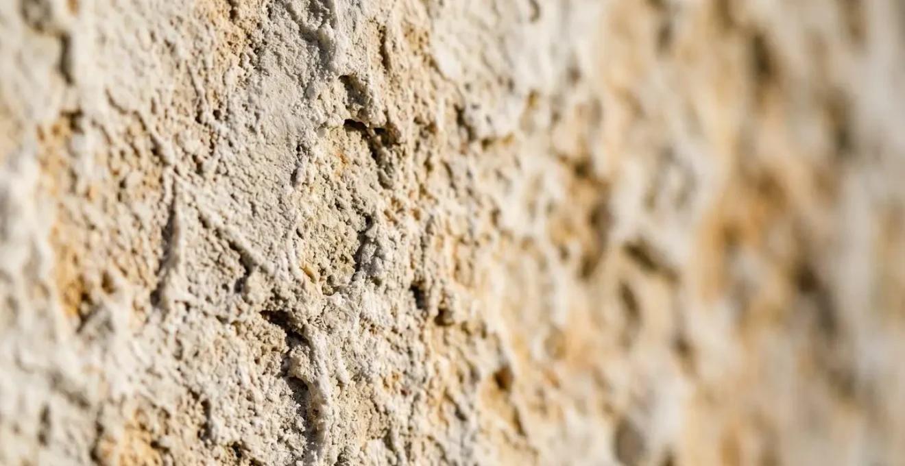Gros plan sur la texture irrégulière d'un enduit à la chaux révélant ses nuances et micro-reliefs