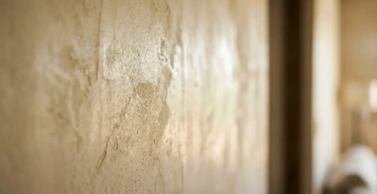 Texture d'un enduit à la chaux montrant les micro-reliefs et la vibration de la lumière naturelle