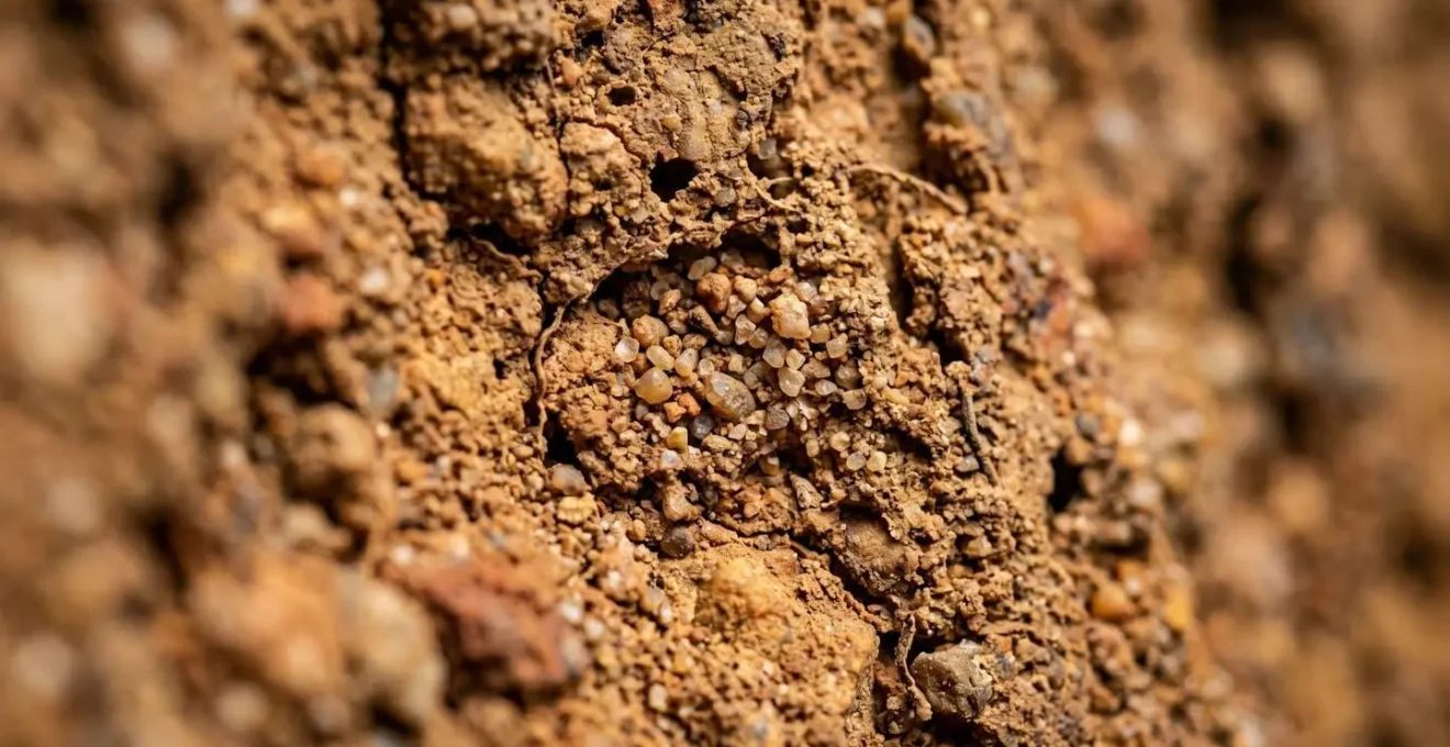 Vue macro de la texture poreuse de la terre crue révélant sa structure capillaire et sa capacité d'absorption hygrométrique
