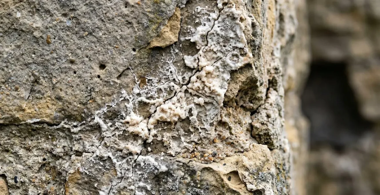 Détail macro d'un mur en pierre présentant les pathologies causées par un enduit ciment inadapté