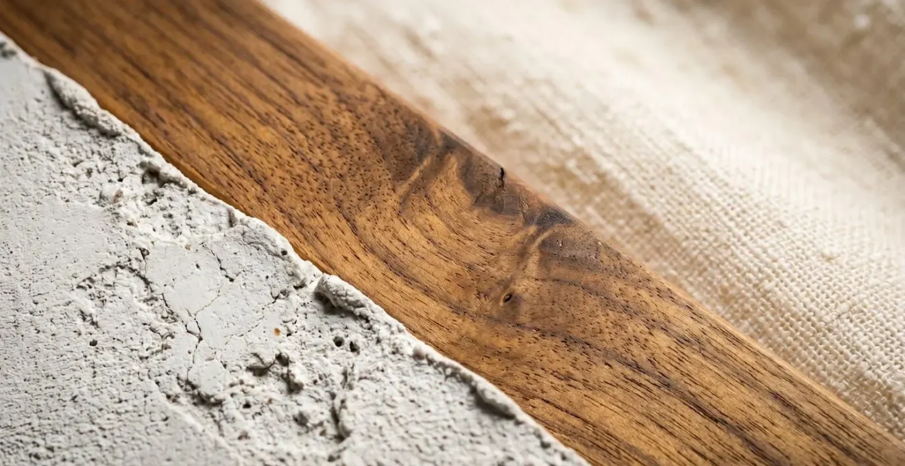 Gros plan macro sur des textures naturelles contrastées dans un intérieur moderne