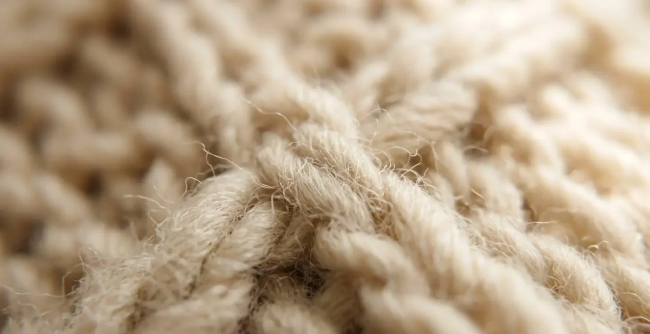 Macro extrême sur un textile naturel en grosse maille révélant des milliers de micro-lignes qui captent la lumière et invitent au toucher