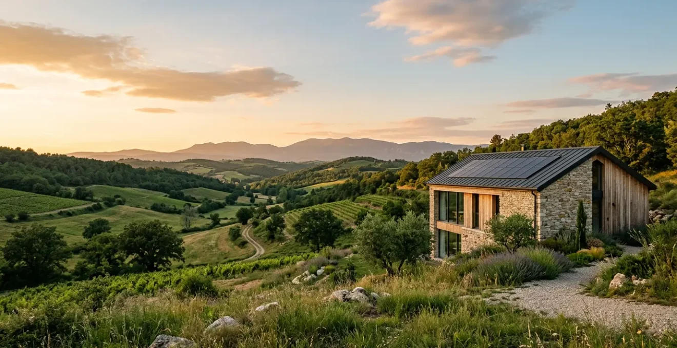 Maison moderne équipée de panneaux solaires sur toiture avec paysage naturel français