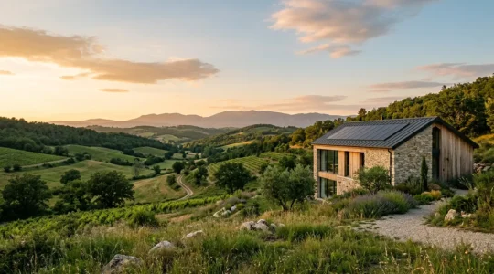 Maison moderne équipée de panneaux solaires sur toiture avec paysage naturel français