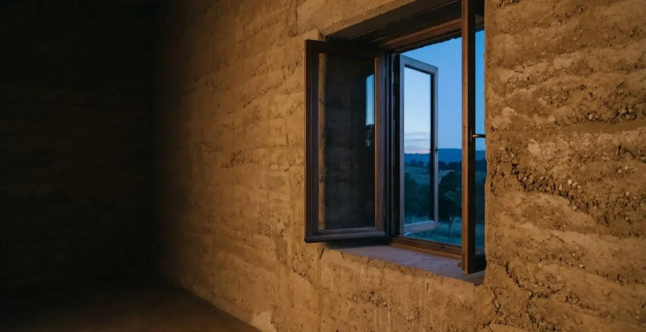 Fenêtre ouverte en soirée sur mur en terre crue illustrant la stratégie de décharge thermique nocturne pour le confort d'été passif