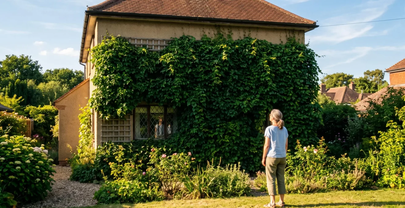 Une façade ouest ombragée l'été par le feuillage dense d'une plante grimpante sur trame désolidarisée, avec une personne observant le mur depuis le jardin.