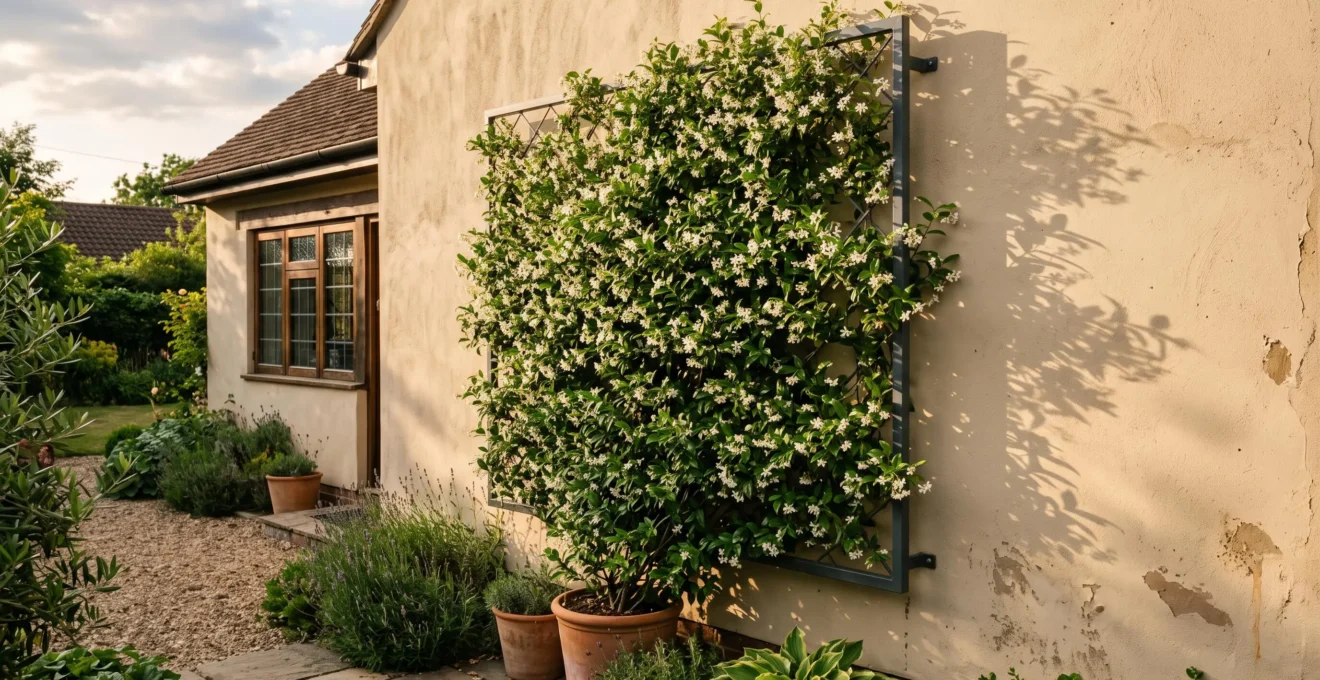 Un jasmin étoilé couvre entièrement une trame de palissage métallique désolidarisée d'un mur de façade en crépi beige, sous une lumière dorée d'été.