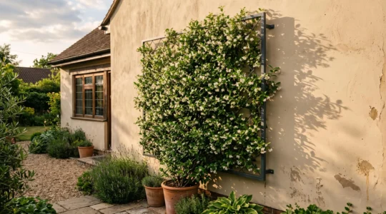 Un jasmin étoilé couvre entièrement une trame de palissage métallique désolidarisée d'un mur de façade en crépi beige, sous une lumière dorée d'été.