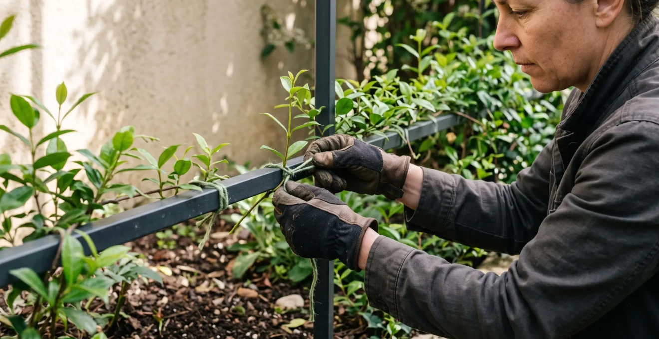 Un jardinier attache des tiges de jasmin étoilé horizontalement sur une structure de palissage métallique contre un mur.